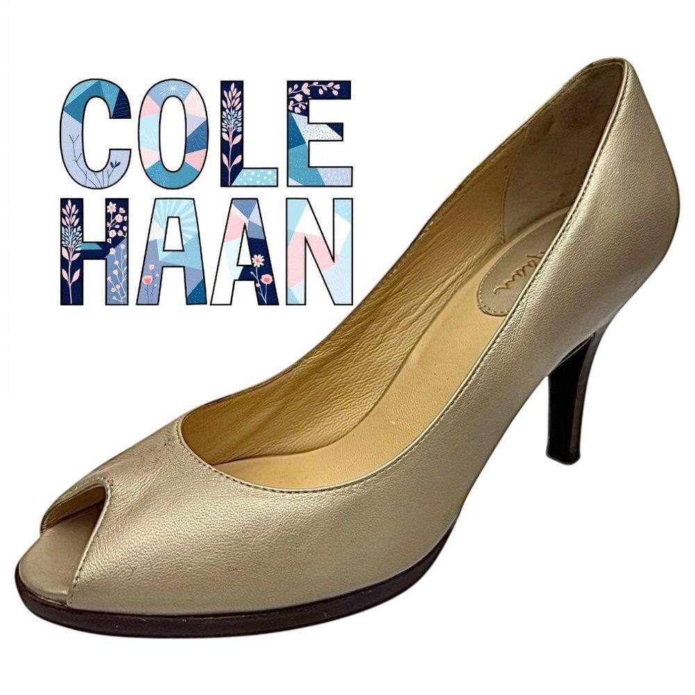 Cole Haan Gold Peep Toe Leather Pumps